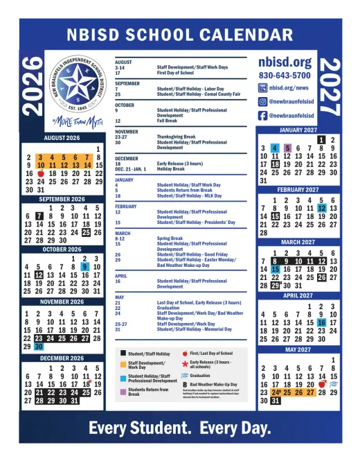 New Braunfels ISD 2026–2027 Academic Calendar Page 1