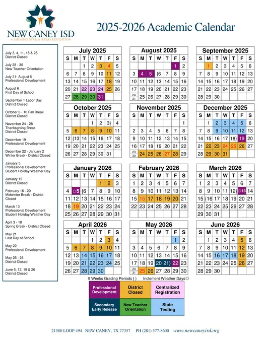New Caney ISD 2025–2026 Academic Calendar Page 1