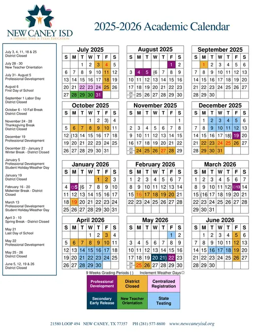 New Caney ISD 2025–2026 Academic Calendar Page 2