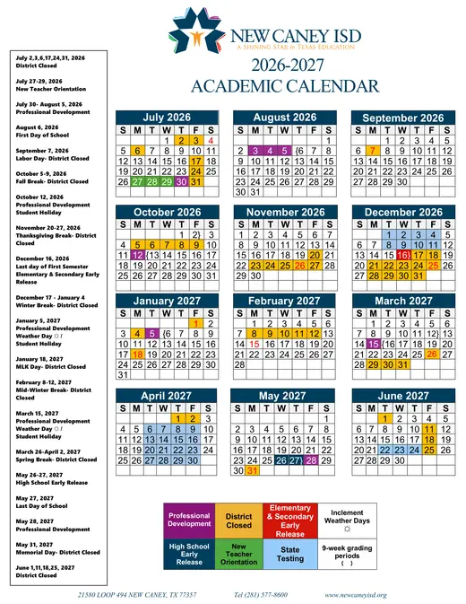 New Caney ISD 2025–2026 Academic Calendar Page 3