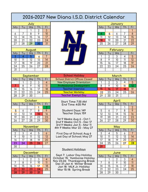New Diana I.S.D 2026–2027 Academic Calendar Page 1