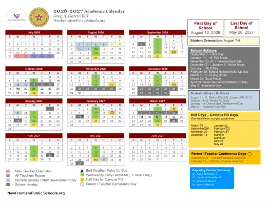 New Frontiers Public Schools Inc 2026–2027 Academic Calendar Page 1