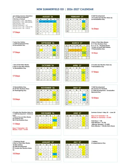 New Summerfield ISD 2026–2027 Academic Calendar Page 2