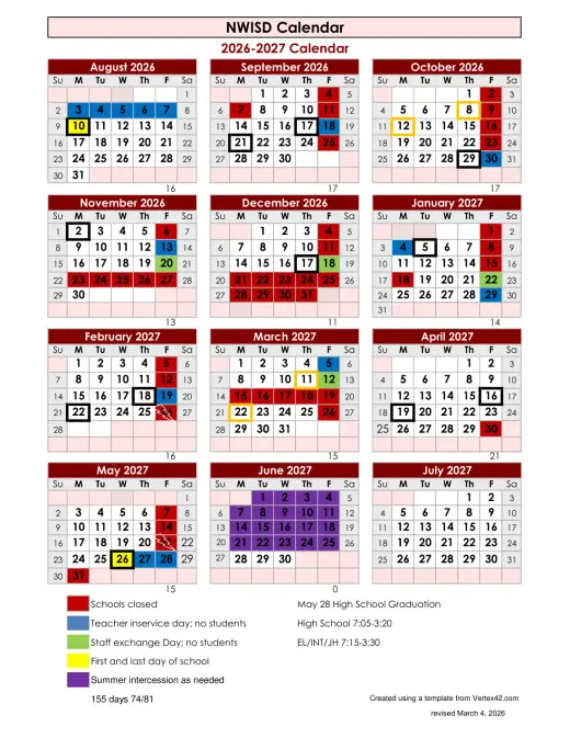 New Waverly ISD 2026–2027 Academic Calendar Page 1