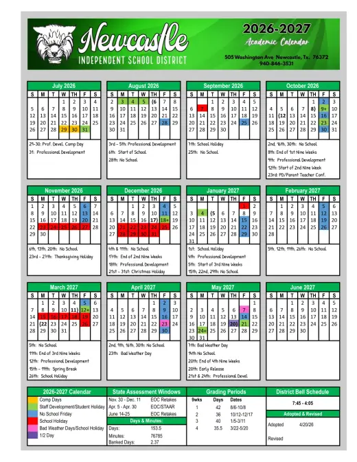 Newcastle ISD 2026–2027 Academic Calendar Page 1