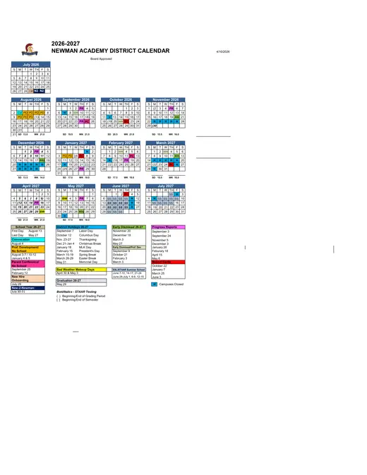 Newman Academy District 2026–2027 Academic Calendar