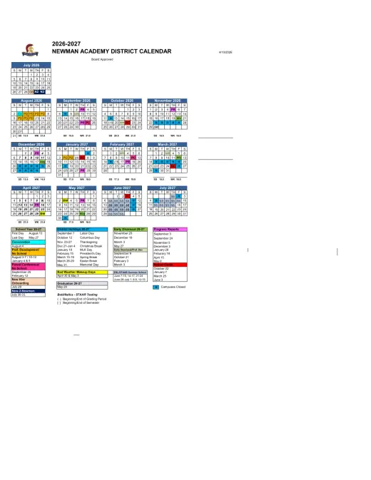 Newman International Academy of Arlington 2026–2027 Academic Calendar Page 1