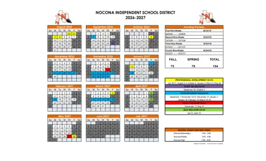 Nocona ISD 2026–2027 Academic Calendar Page 1