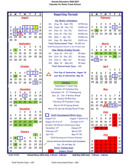 Nolan Creek School 2026–2027 Academic Calendar