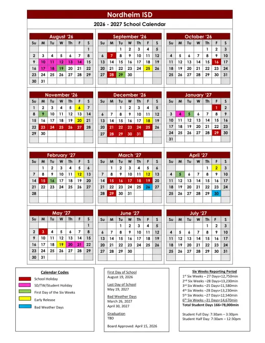 Nordheim ISD 2026–2027 Academic Calendar Page 1