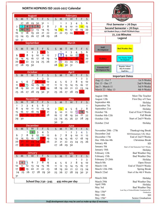 North Hopkins ISD 2026–2027 Academic Calendar Page 1