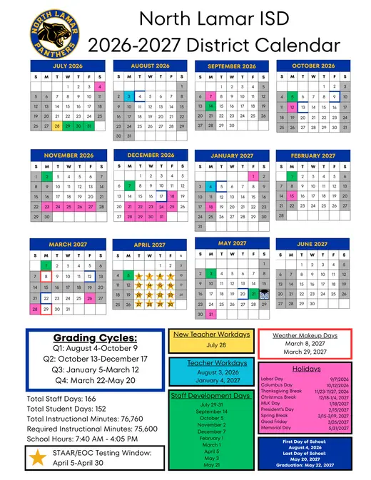 North Lamar ISD 2026–2027 Academic Calendar