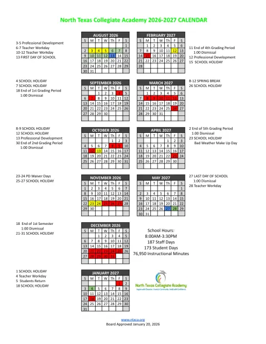North Texas Collegiate Academy 2026–2027 Academic Calendar Page 1