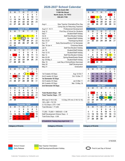 North Zulch ISD 2026–2027 Academic Calendar Page 1