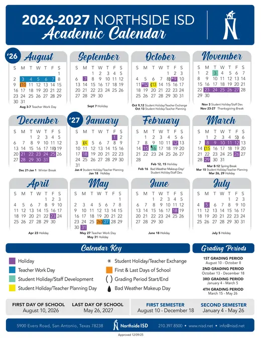 Northside Independent School District 2026–2027 Academic Calendar