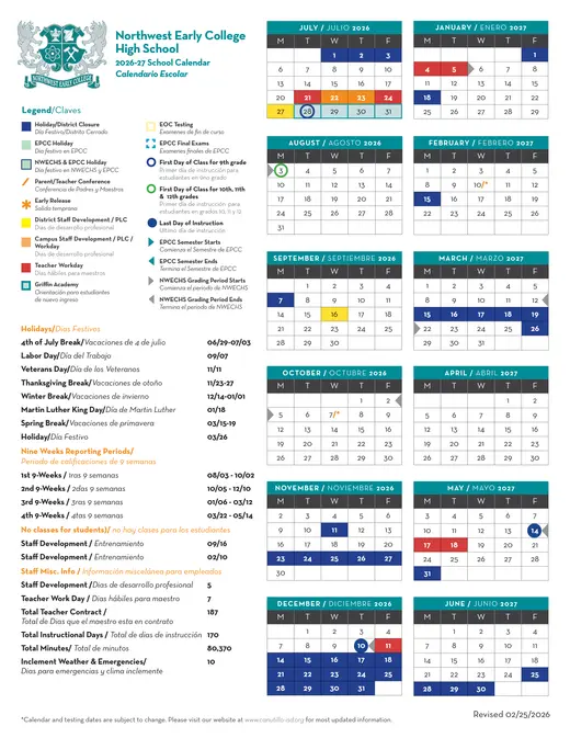 Northwest Early College High School 2026–2027 Academic Calendar