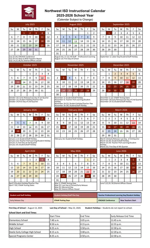 Northwest ISD 2025–2026 Academic Calendar