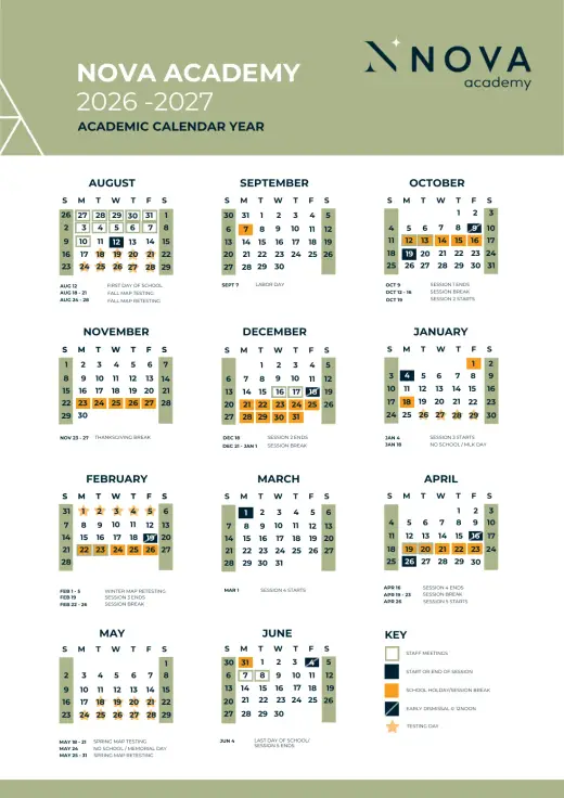 Nova Academy Southeast 2026–2027 Academic Calendar Page 1