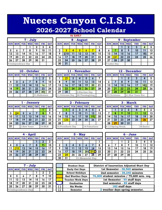 Nueces Canyon CISD 2026–2027 Academic Calendar Page 2