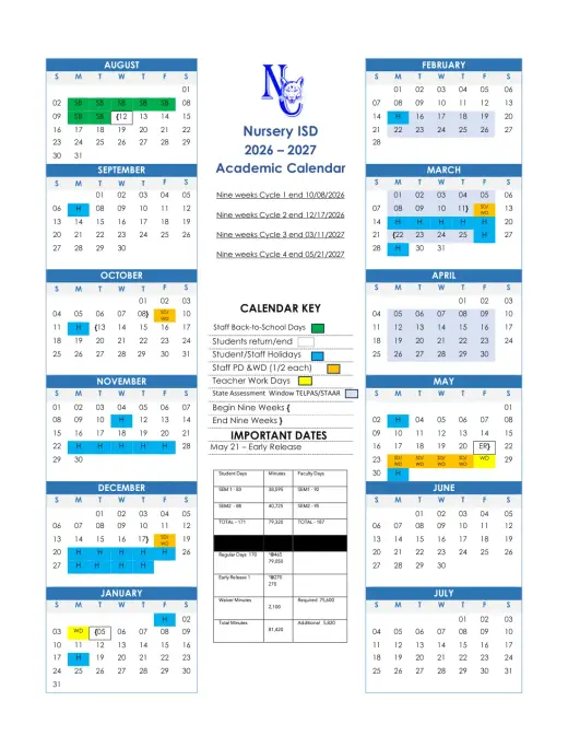 Nursery ISD 2026–2027 Academic Calendar Page 1