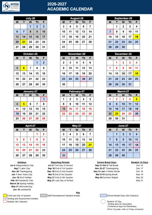 NYOS Charter School 2025–2026 Academic Calendar Page 1