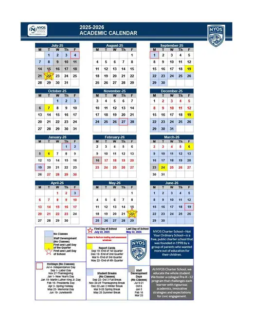 NYOS Charter School 2025–2026 Academic Calendar Page 3