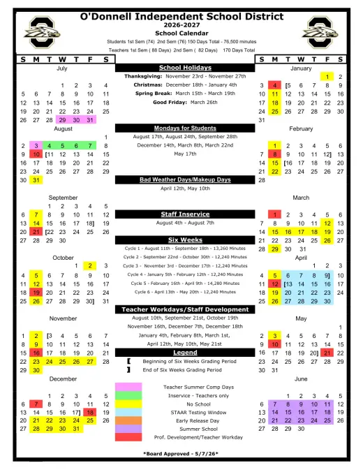 O'donnell ISD 2026–2027 Academic Calendar Page 1
