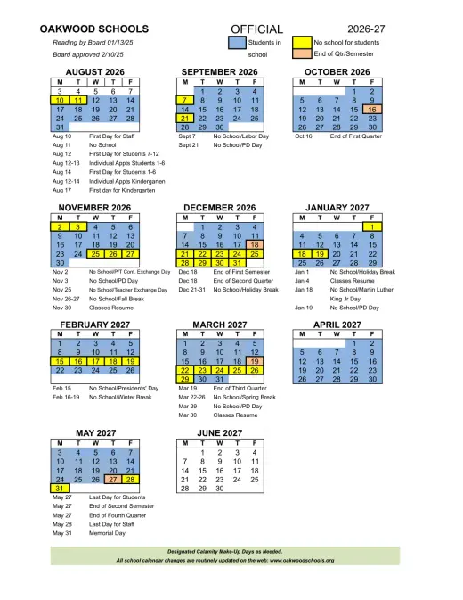 Oakwood ISD 2026–2027 Academic Calendar Page 1