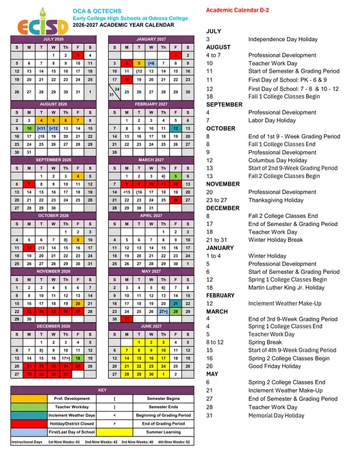 OCA &amp; OCTECHS Early College High Schools at Odessa College 2026–2027 Academic Calendar