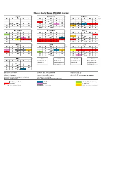 Odyssey Academy Inc 2026–2027 Academic Calendar Page 1