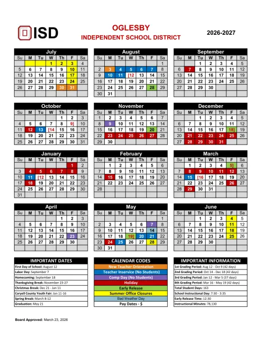 Oglesby ISD 2026–2027 Academic Calendar Page 1