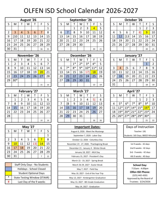 Olfen ISD 2026–2027 Academic Calendar Page 1