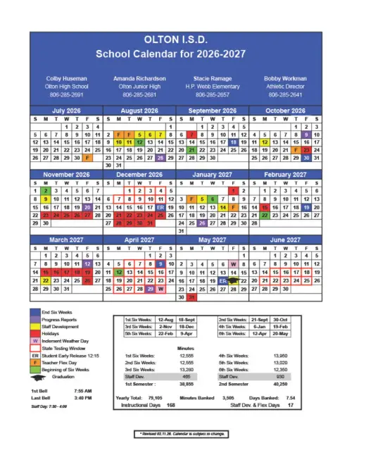 Olton ISD 2026–2027 Academic Calendar Page 1