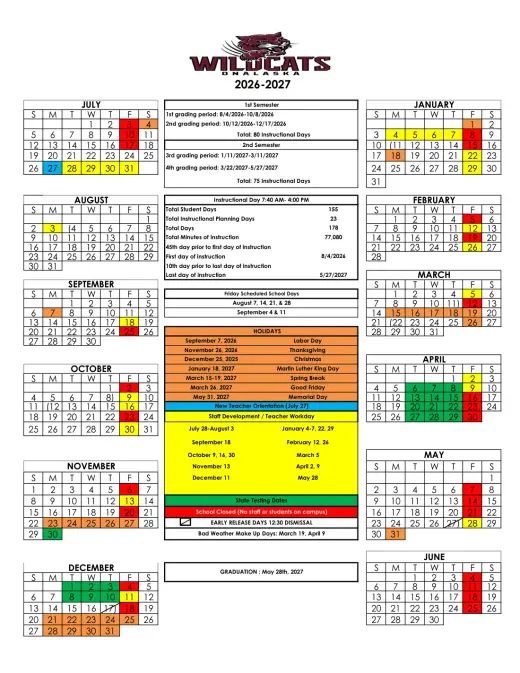 Onalaska ISD 2026–2027 Academic Calendar Page 1