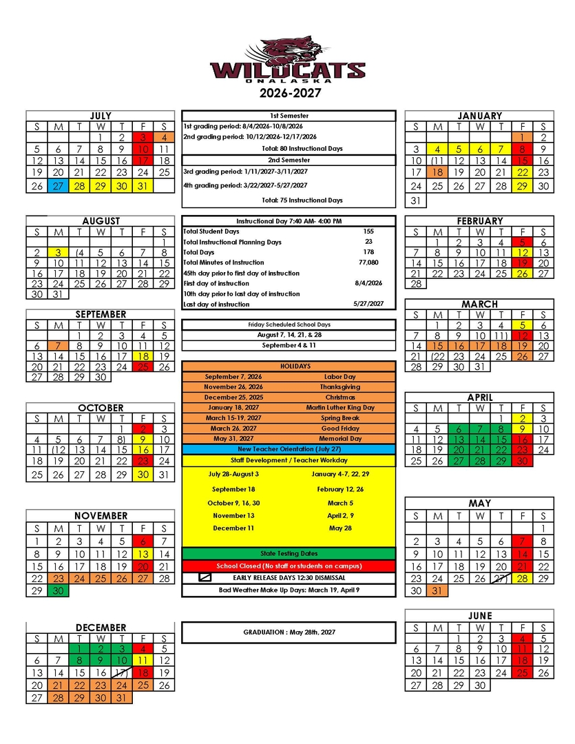 Onalaska Wildcats 2026–2027 Academic Calendar Page 2
