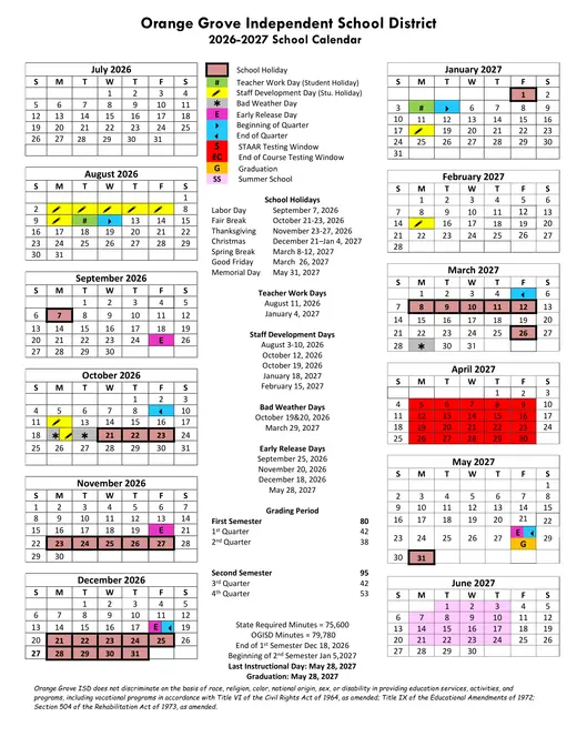 Orange Grove Independent School District 2026–2027 Academic Calendar