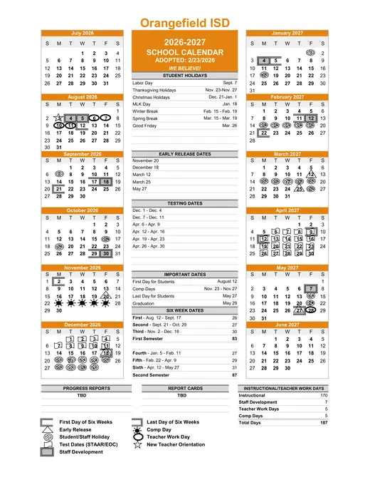 Orangefield ISD 2026–2027 Academic Calendar