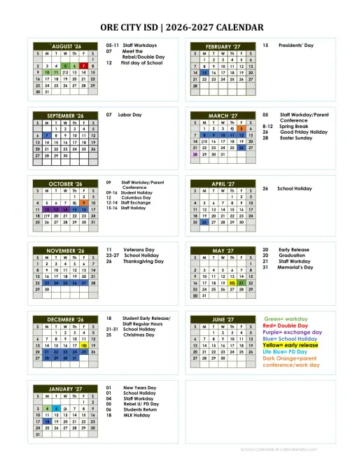 Ore City ISD 2026–2027 Academic Calendar Page 1