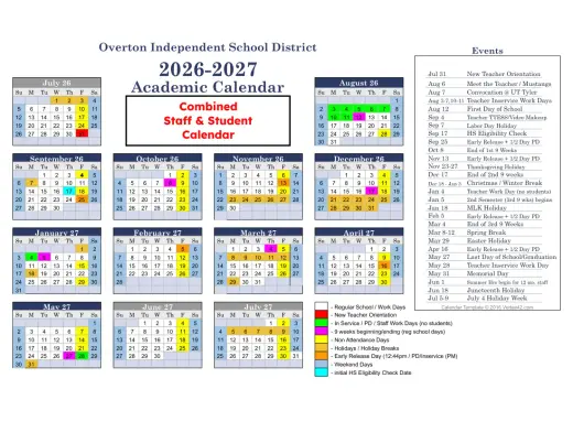 Overton ISD 2026–2027 Academic Calendar Page 1