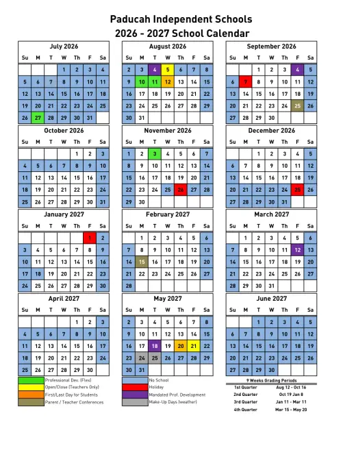Paducah ISD 2026–2027 Academic Calendar Page 1