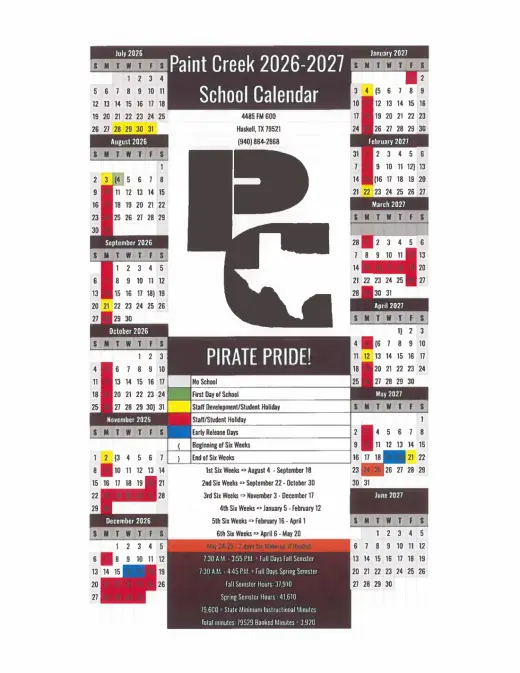 Paint Creek ISD 2026–2027 Academic Calendar Page 1