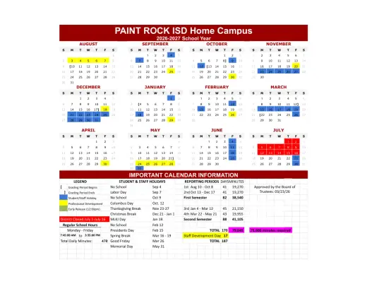 Paint Rock ISD 2026–2027 Academic Calendar Page 1