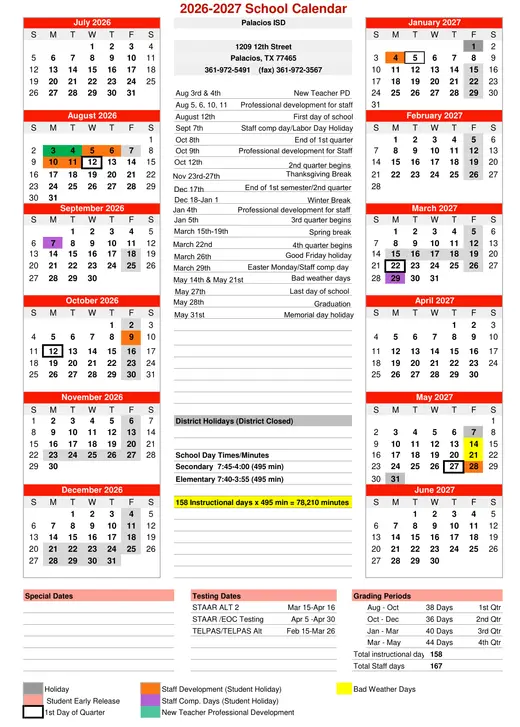 Palacios Independent School District 2026–2027 Academic Calendar
