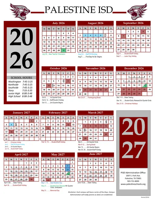 Palestine ISD 2026–2027 Academic Calendar