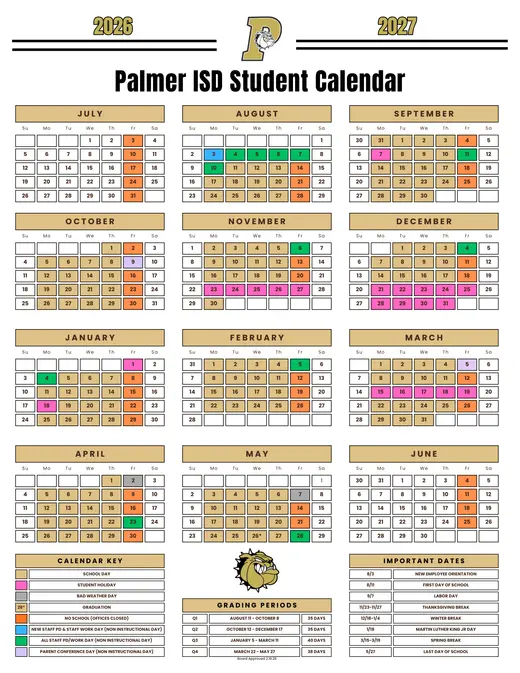 Palmer ISD 2026–2027 Academic Calendar