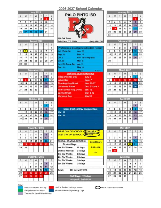 Palo Pinto ISD 2026–2027 Academic Calendar Page 1