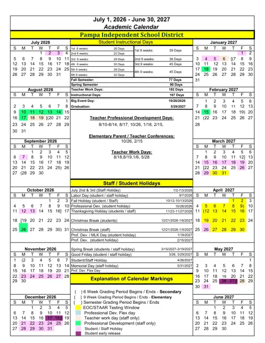 Pampa ISD 2026–2027 Academic Calendar Page 1