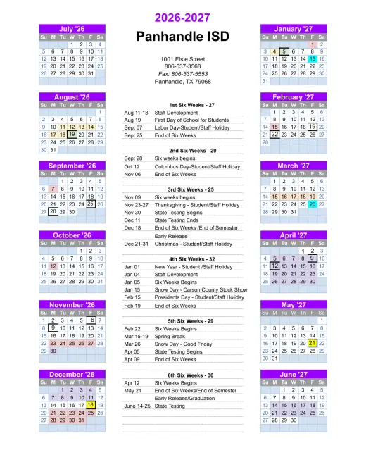 Panhandle ISD 2026–2027 Academic Calendar Page 1