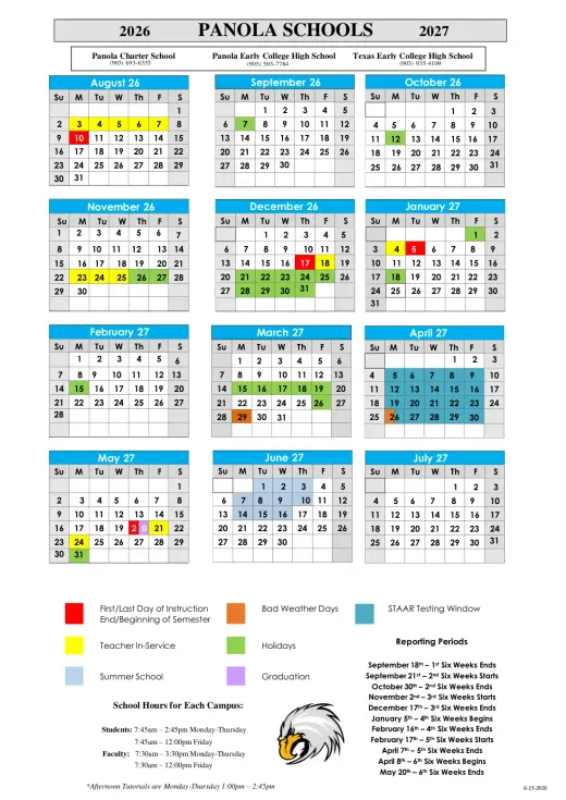 Panola Charter School 2026–2027 Academic Calendar Page 1