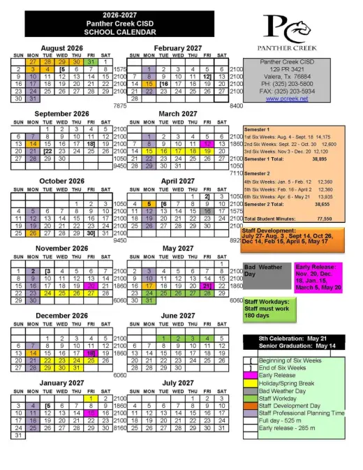 Panther Creek CISD 2026–2027 Academic Calendar Page 1